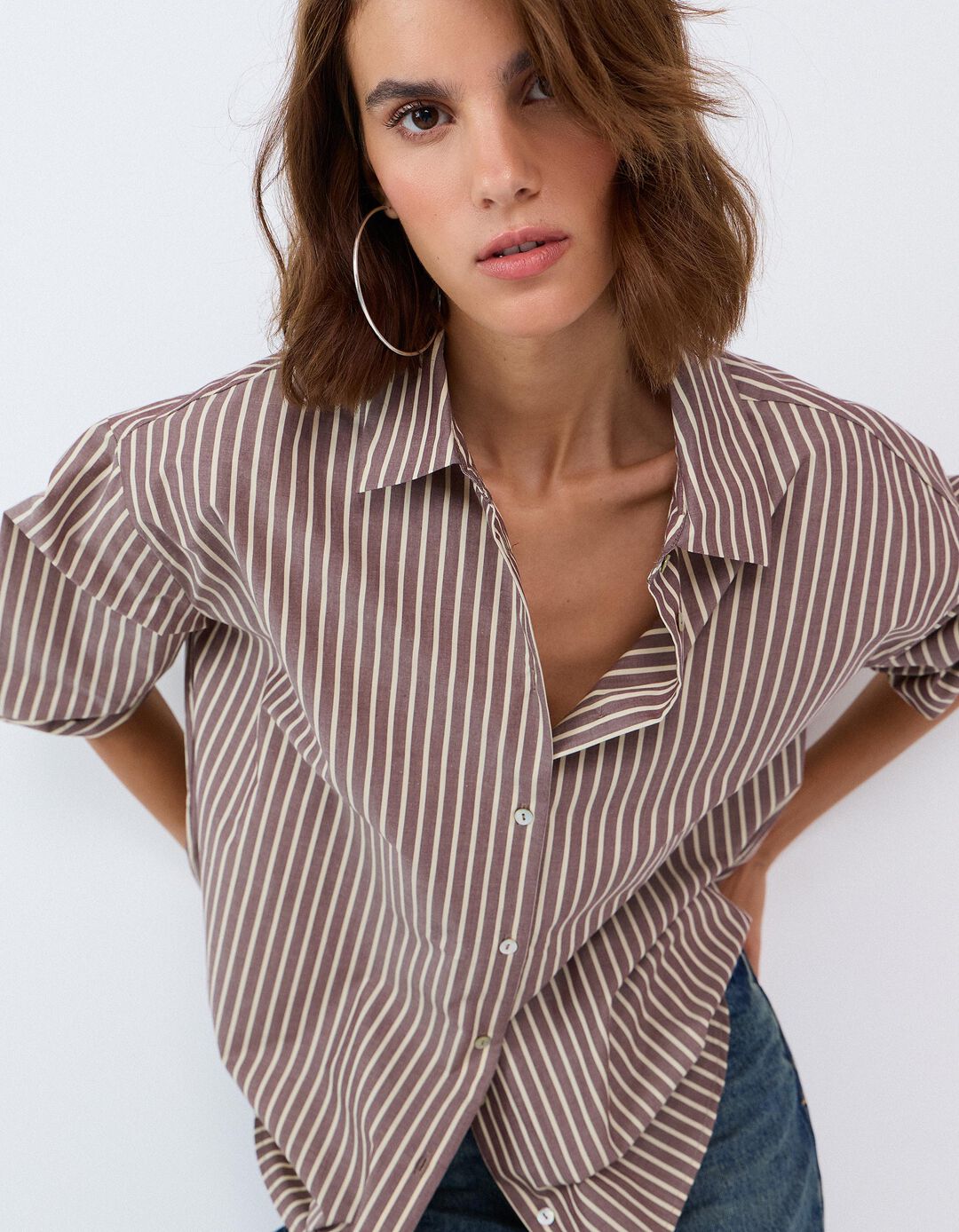 Camisa Oversize Em Popelina, Mulher, Castanho