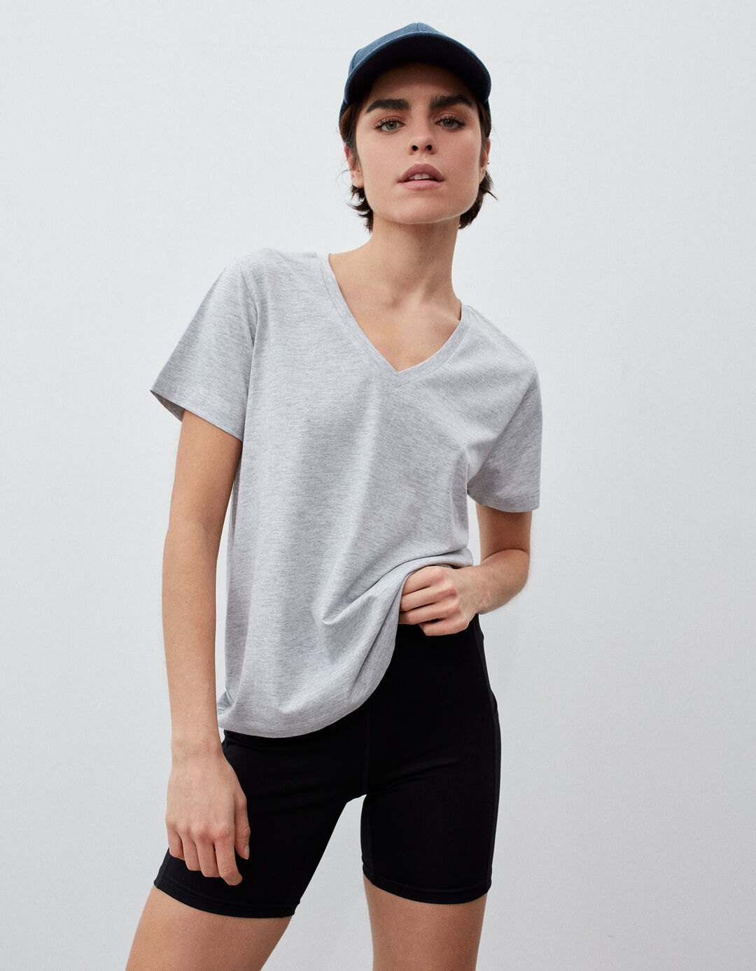 V Neckline T-shirt, Women, Light Grey