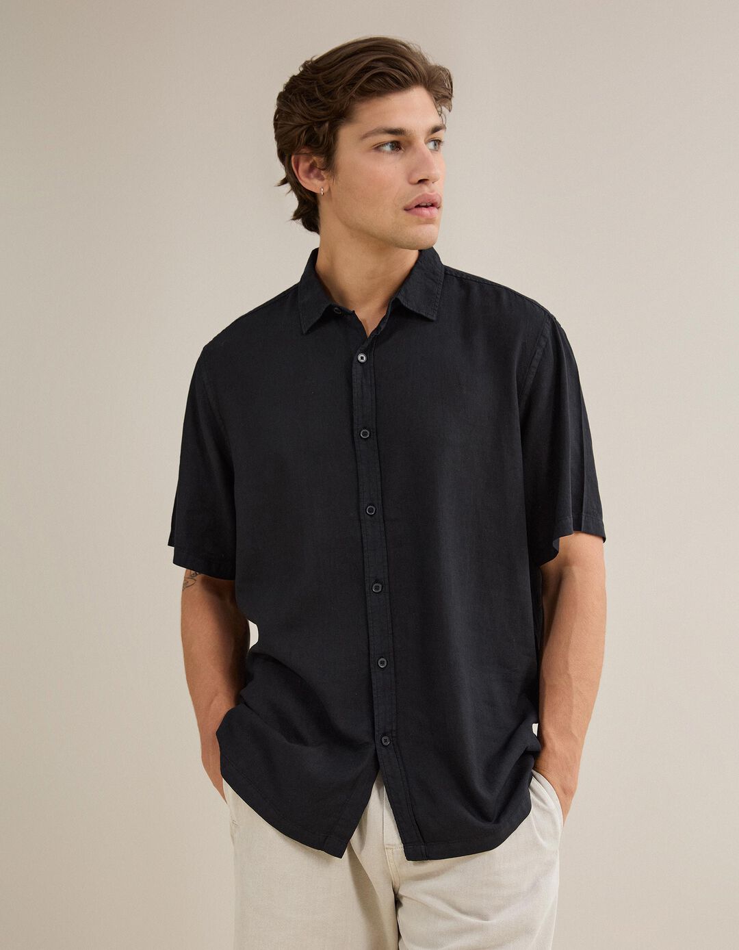 Camisa Com Linho, Homem, Preto