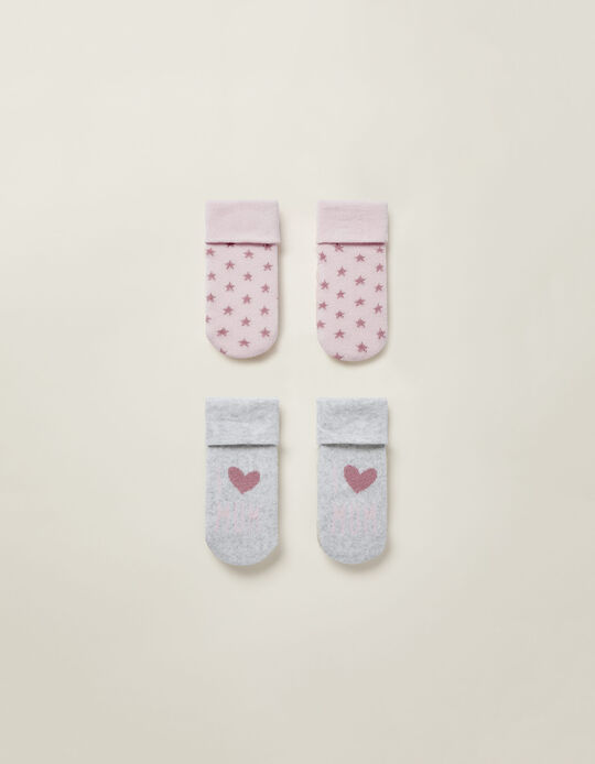 2 Pairs of Cuffed Socks for Baby Girls 'I Love Mum', Pink/Grey