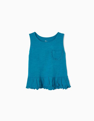 Sleeveless Cotton T-shirt with Frills for Girls, Turquoise