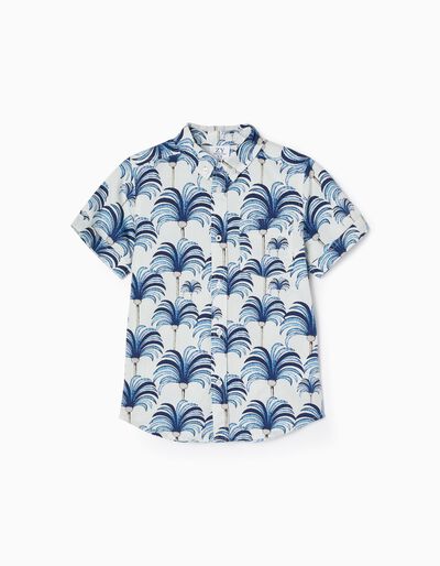 Camisa de Manga Curta em Algodão para Menino, Branco/Azul