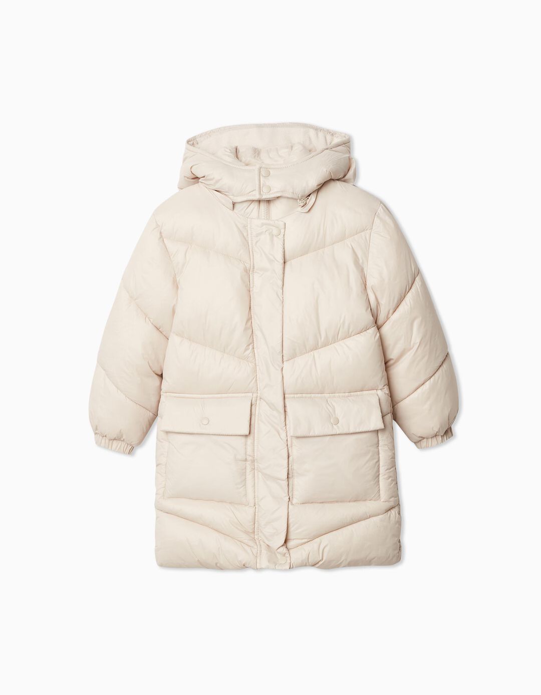 Long Quilted Hooded Jacket, Girl, White
