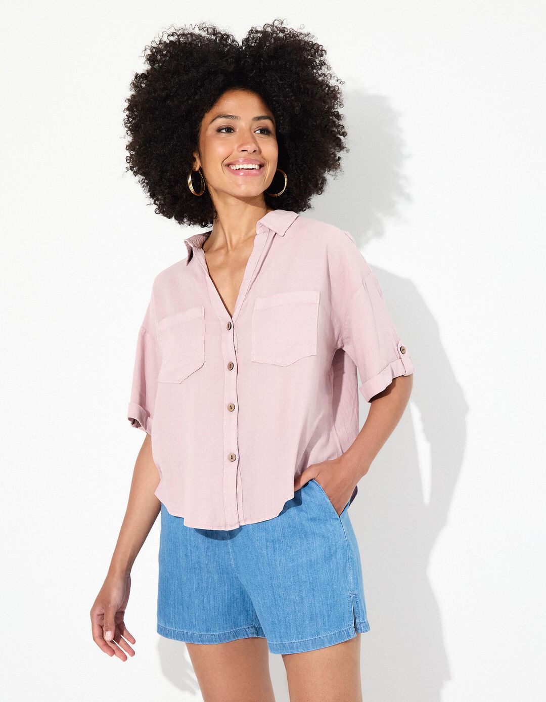 Camisa Curta com Linho, Mulher, Roxo Claro