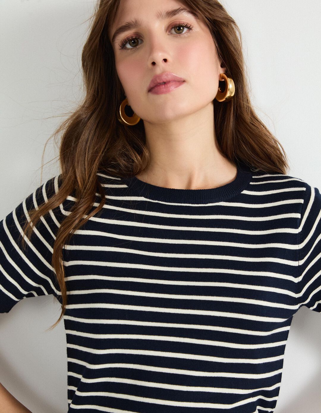 Camisola de Malha às Riscas, Mulher, Azul Escuro