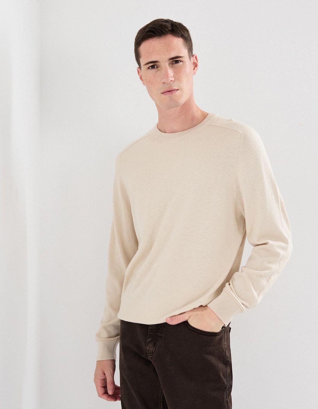 Camisola com Caxemira, Homem, Bege Claro
