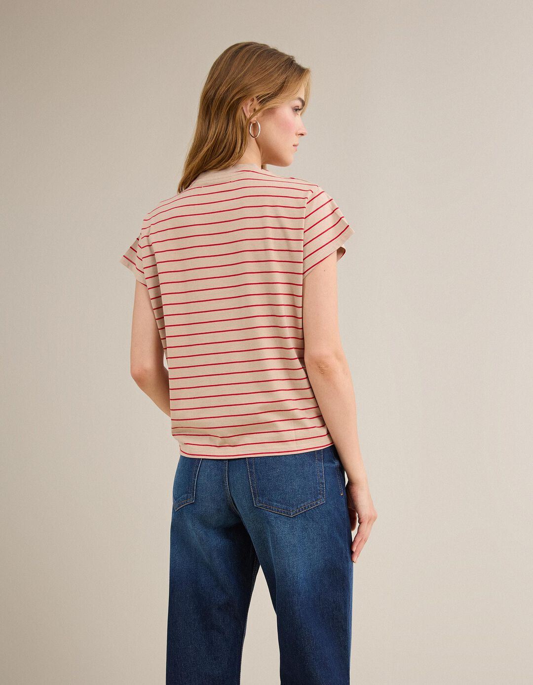T-shirt &agrave;s Riscas, Mulher, Bege