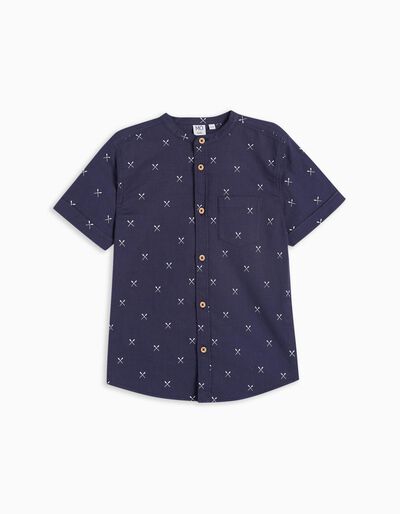 Mandarin Collar Shirt, Boys, Dark Blue