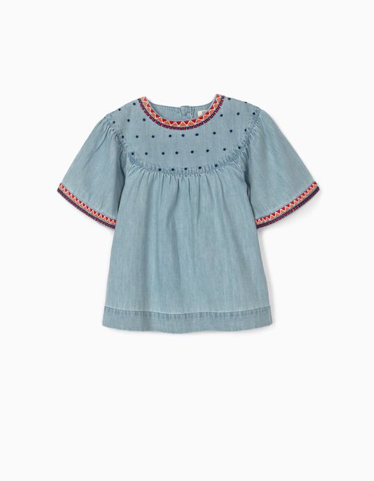 Denim Blouse with Embroideries for Girls, Blue