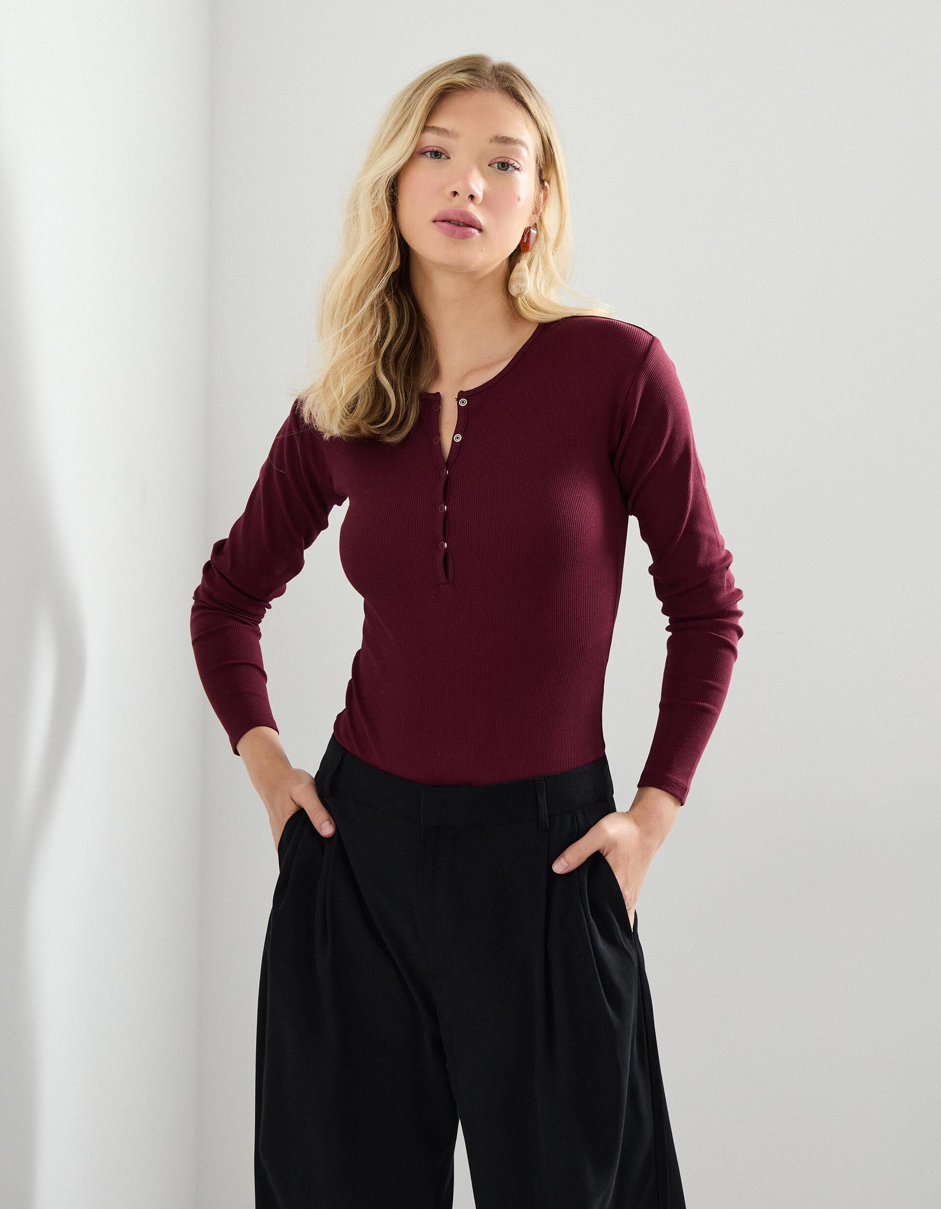 Comprar Online Body com Bot&otilde;es, Mulher, Vermelho Escuro