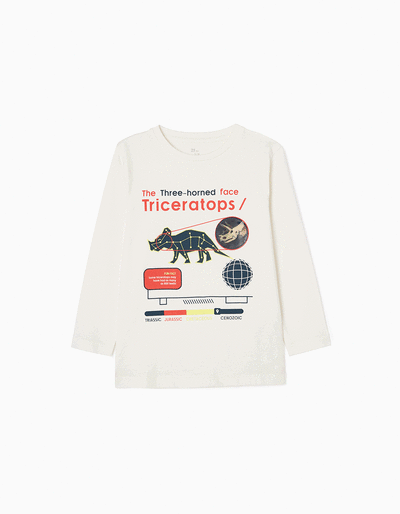 Long Sleeve Cotton T-shirt for Boys 'Dinosaur', White