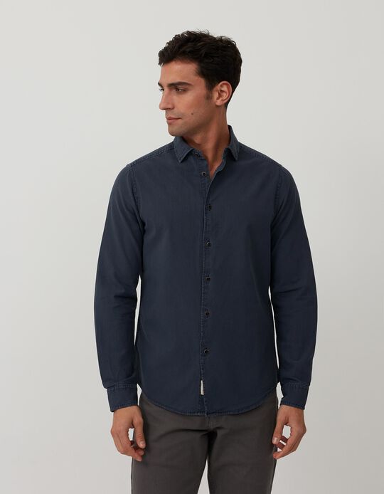 Textured Slim Fit Shirt, Men, Dark Blue