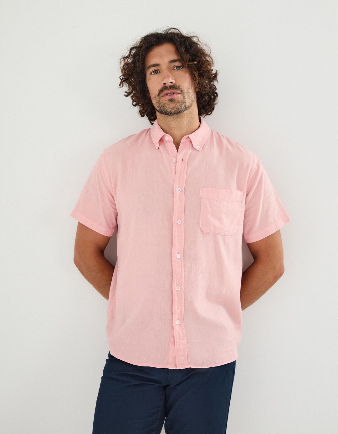 Camisa com Linho, Homem, Rosa Claro