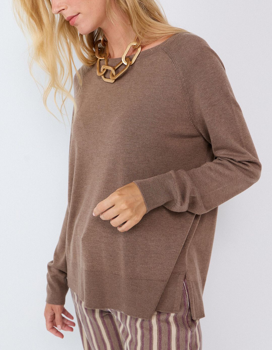 Sweater De Manga Comprida, Mulher, Castanho Claro