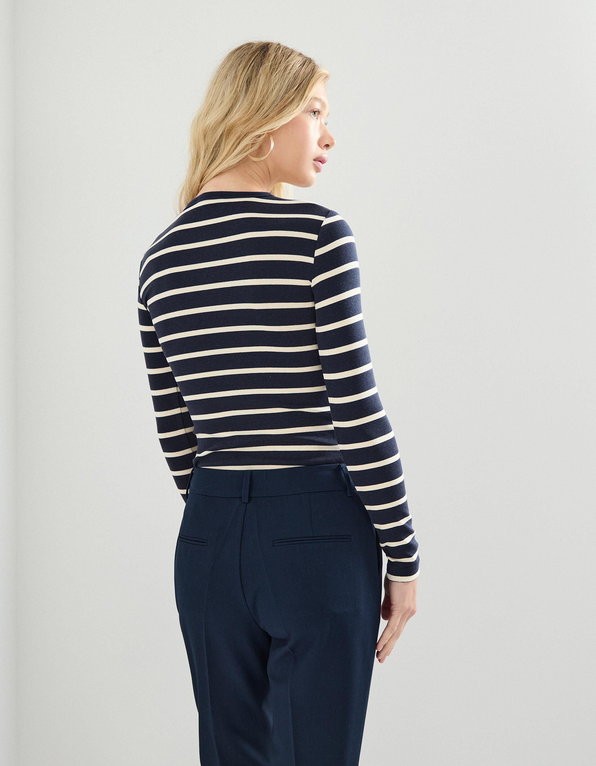 Comprar Online T-shirt de Manga Comprida Riscas, Mulher, Azul Escuro 