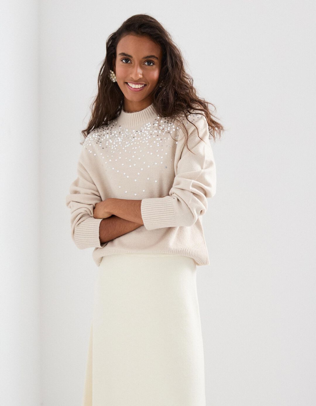 Camisola de Malha com Lantejoulas, Mulher, Bege