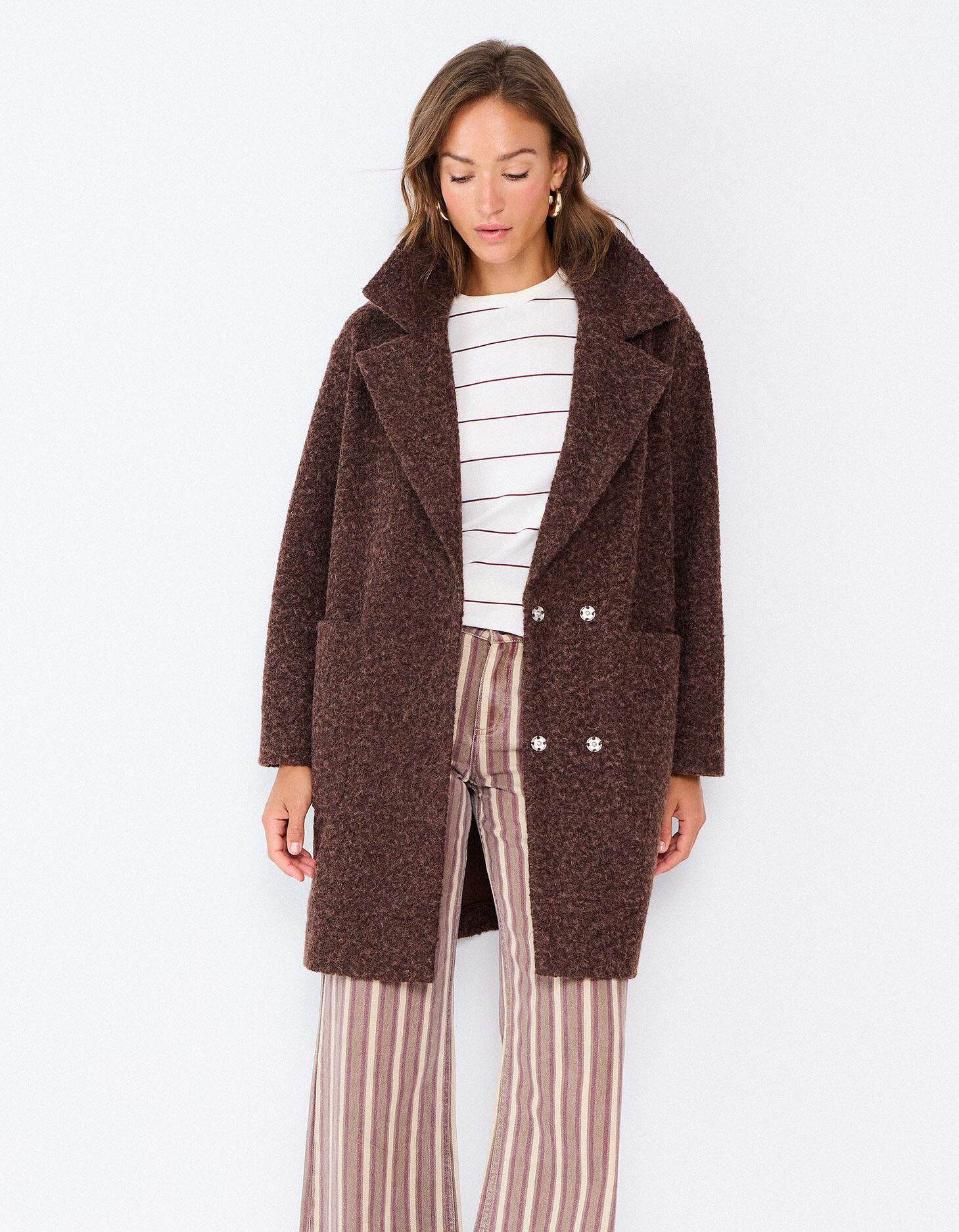 Comprar Online Casaco Midi Efeito Boucl&eacute;, Mulher, Castanho