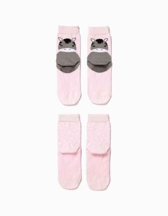 2 Meias Antiderrapantes para Beb&eacute; Menina 'Animals', Rosa