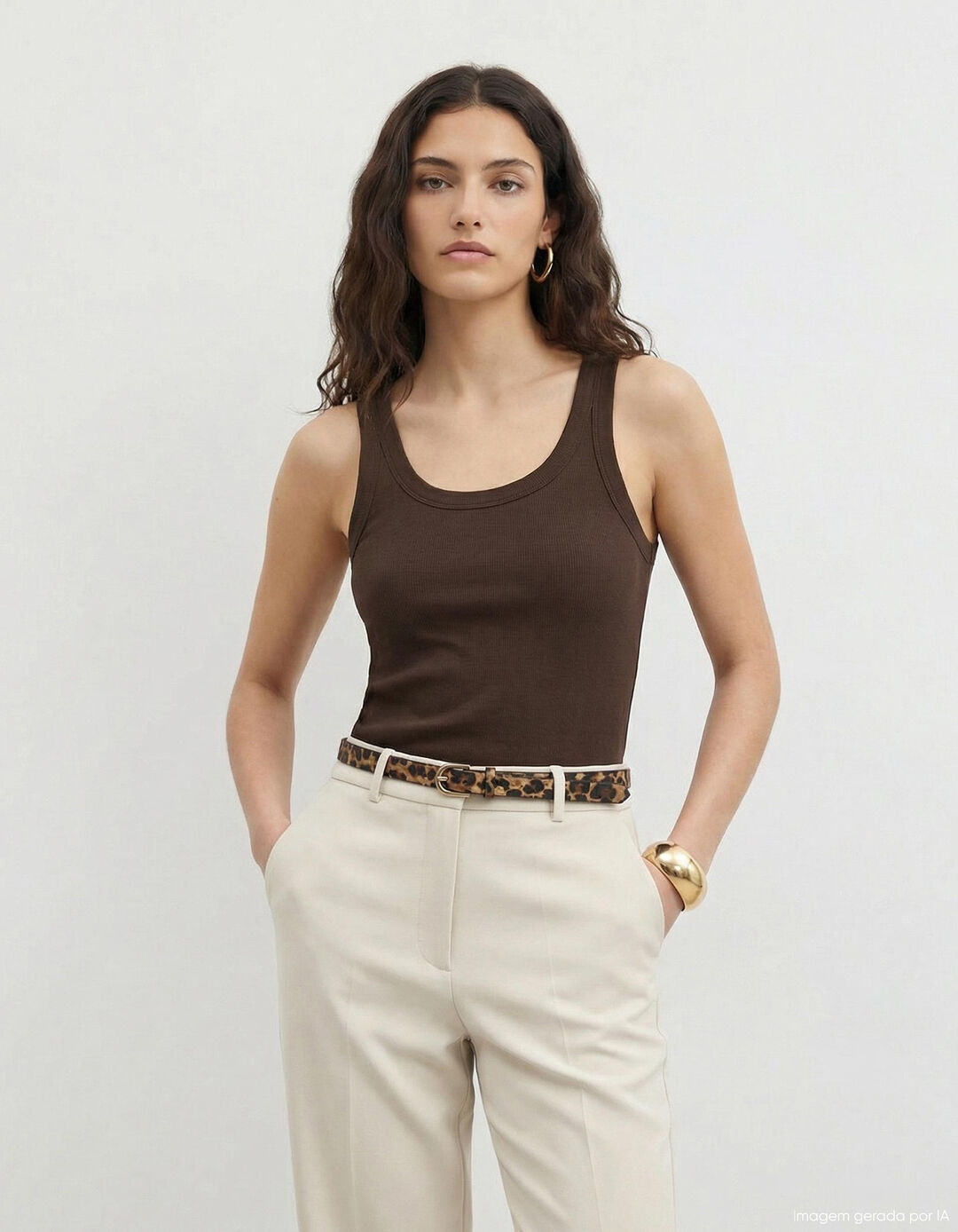 Tank Top Canelado, Mulher, Castanho Escuro