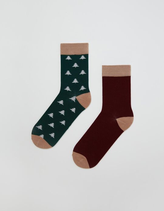 2 Pairs Xmas Socks, Men, Green/ Dark Red