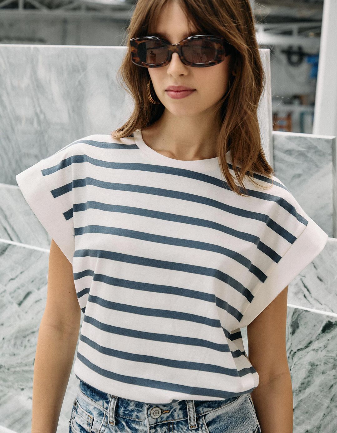 T-shirt Riscas, Mulher, Azul
