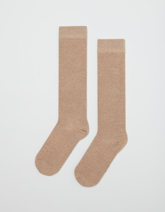 Striped Cotton Knee High Socks, Women, Beige