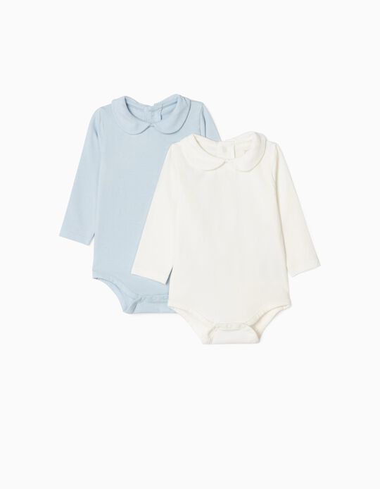 2 Plain Bodysuits for Newborn Baby Boys, White/Blue