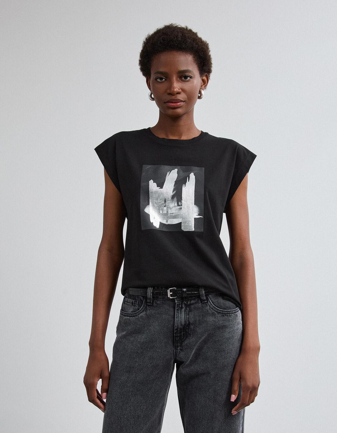 T-shirt Com Estampado Foil, Mulher, Preto
