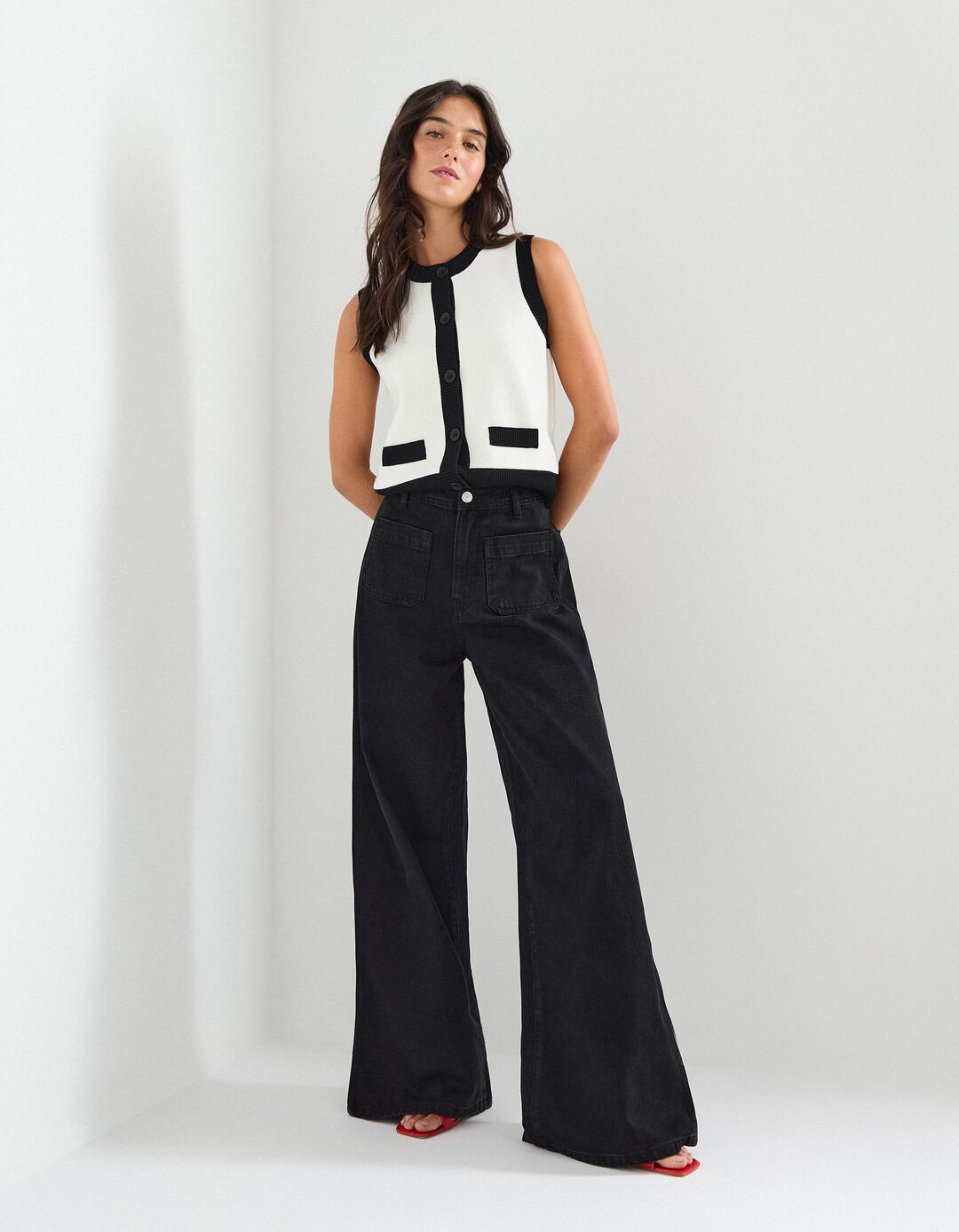 Calças de Ganga Wide Leg, Mulher, Cinzento Escuro