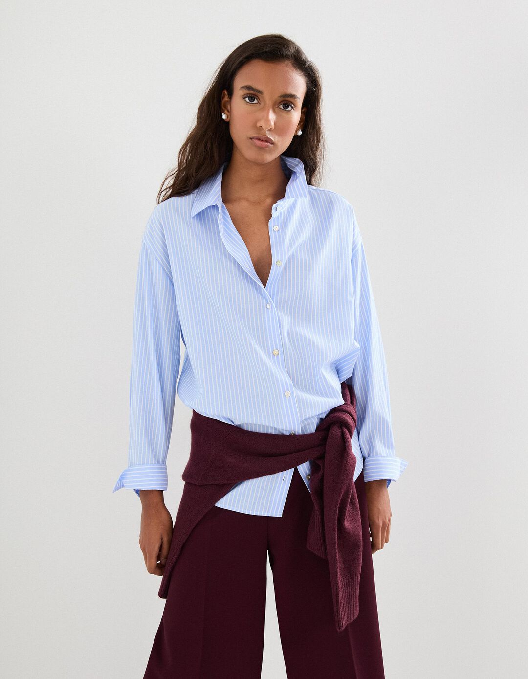 Camisa às Riscas, Mulher, Azul Claro