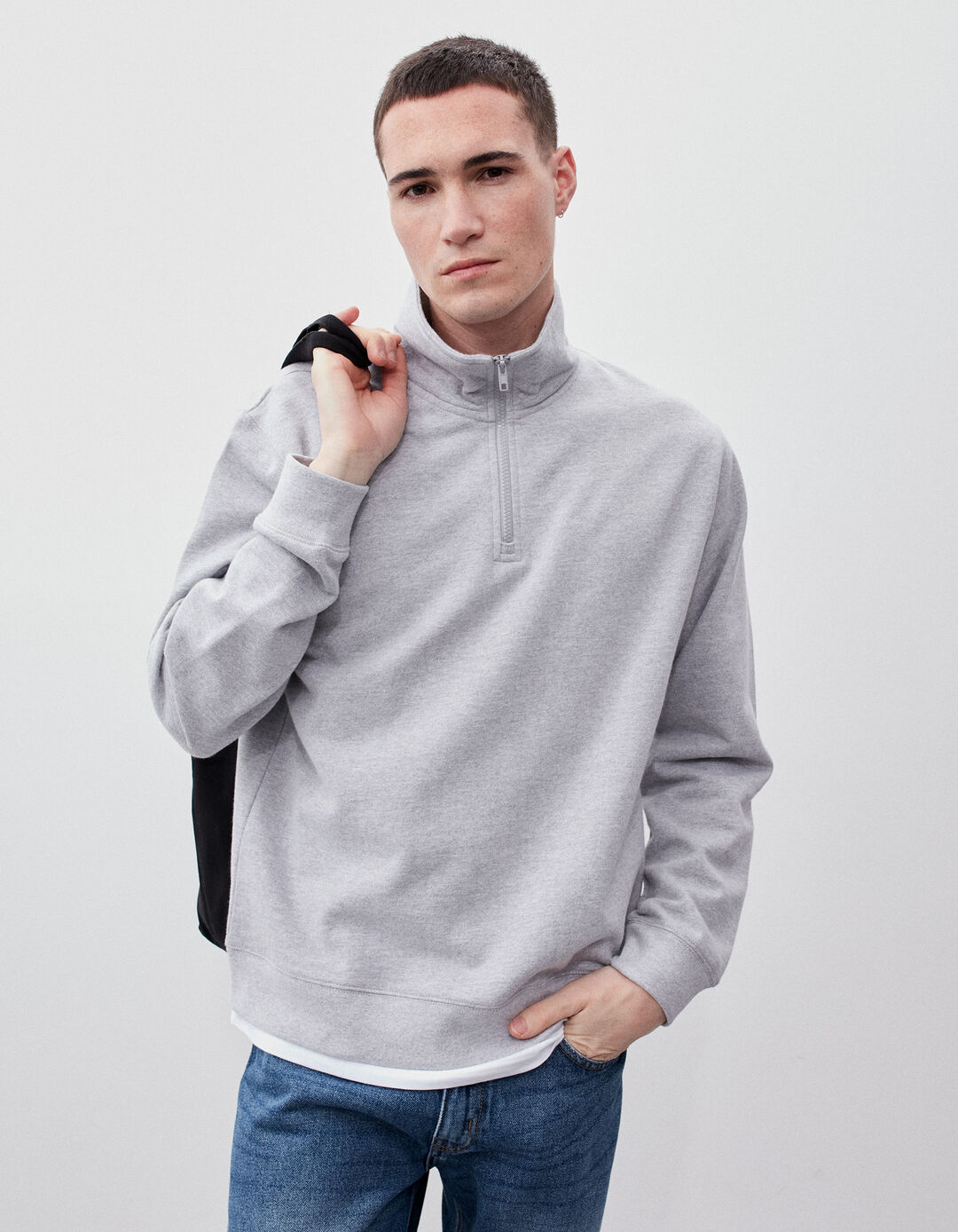 Zip-up Fleece Sweatshirt, Men, Light Gray
