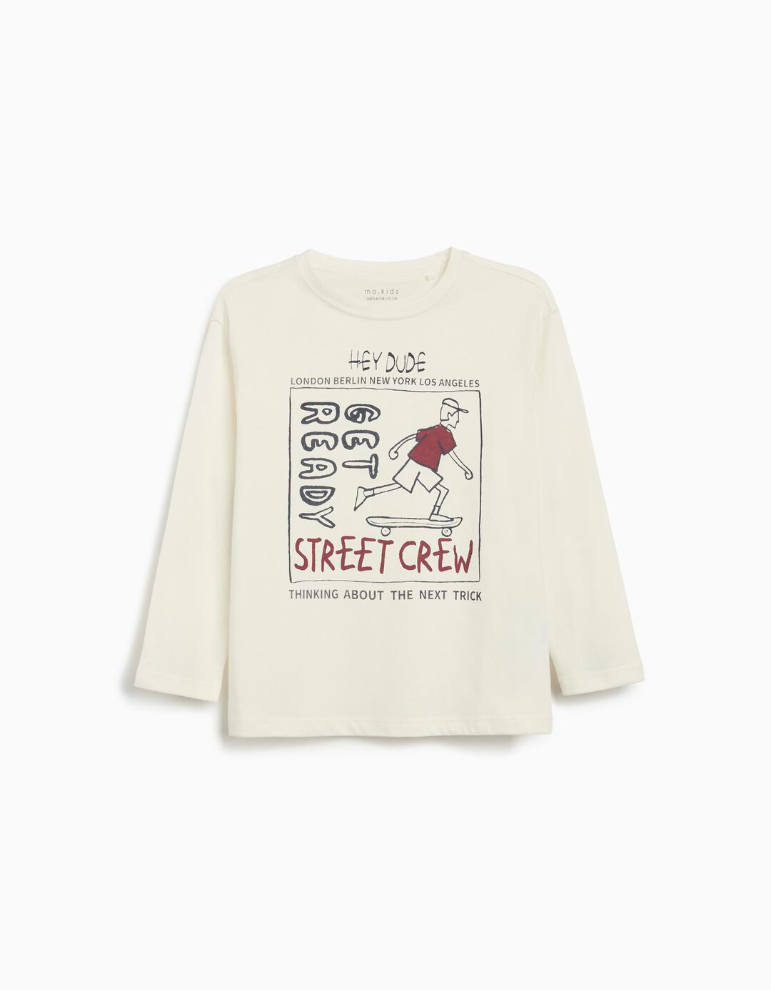 T-shirt de Manga Comprida Estampado, Menino, Branco