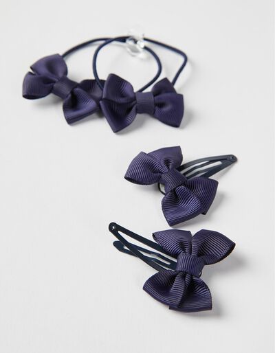 2 Hairpins + 2 Bobbles with Bow for Babies and Girls, Dark Blue