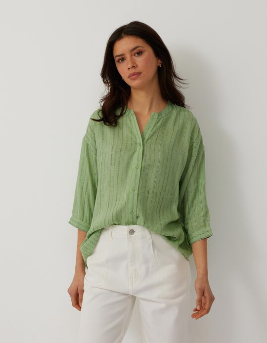 Shirt with Textured Stripes, Women, Green