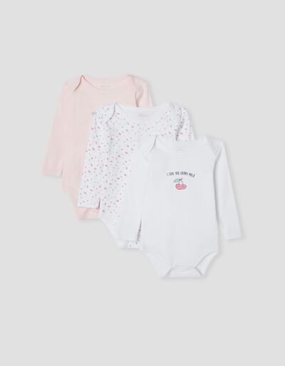 3 Long Sleeve Bodies Pack, Baby Girls, Multicolour