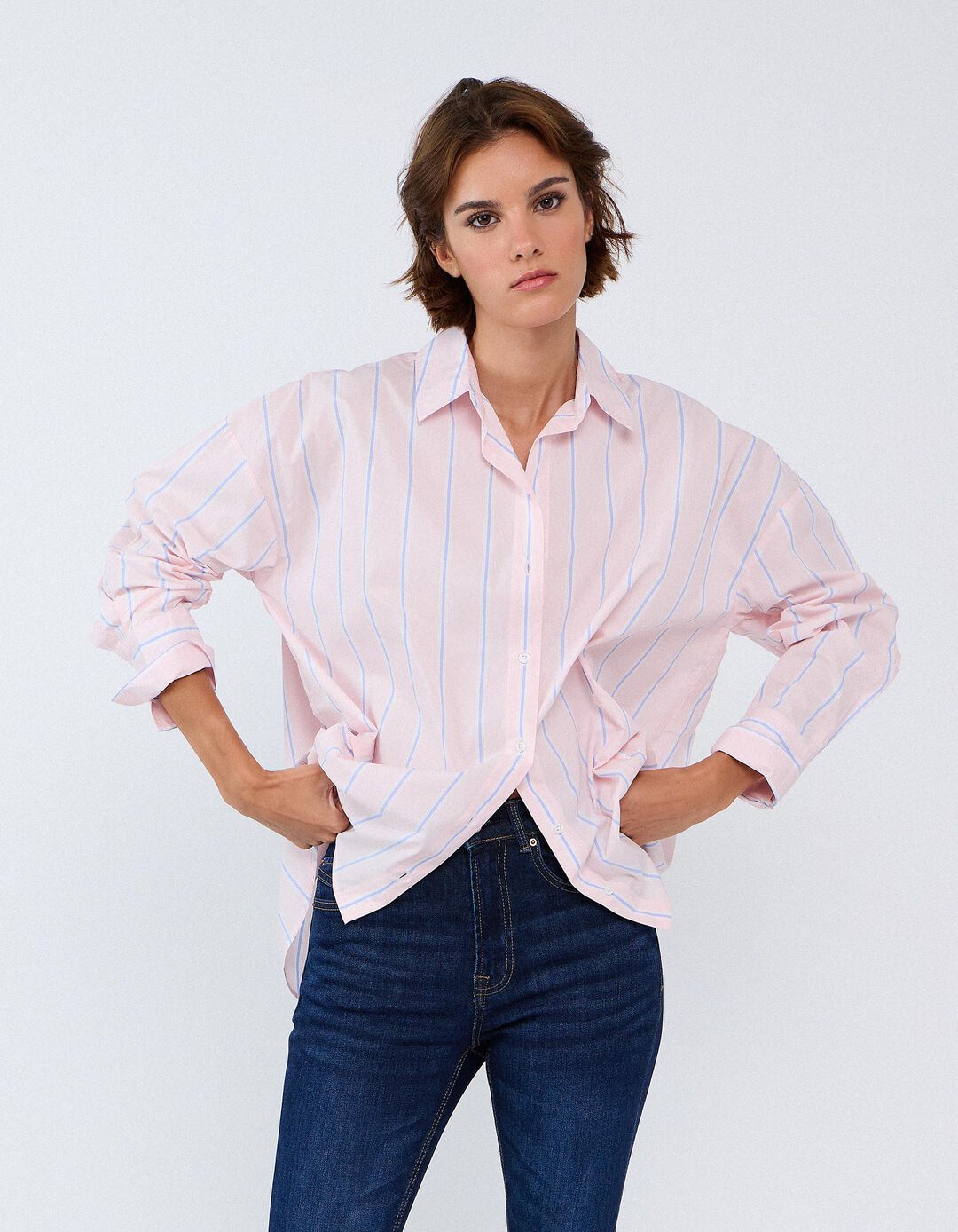 Camisa Oversize &Agrave;s Riscas, Mulher, Rosa Claro