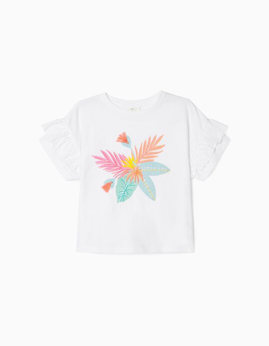T-Shirt with Frill Sleeves for Girls, White