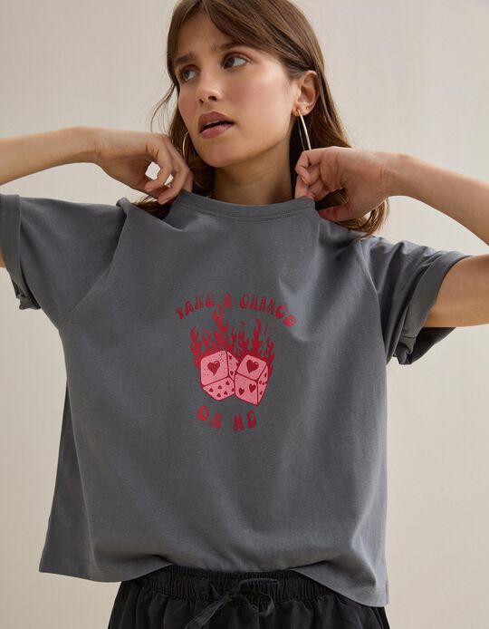 Comprar Online T-shirt Estampada, Mulher, Cinzento Escuro