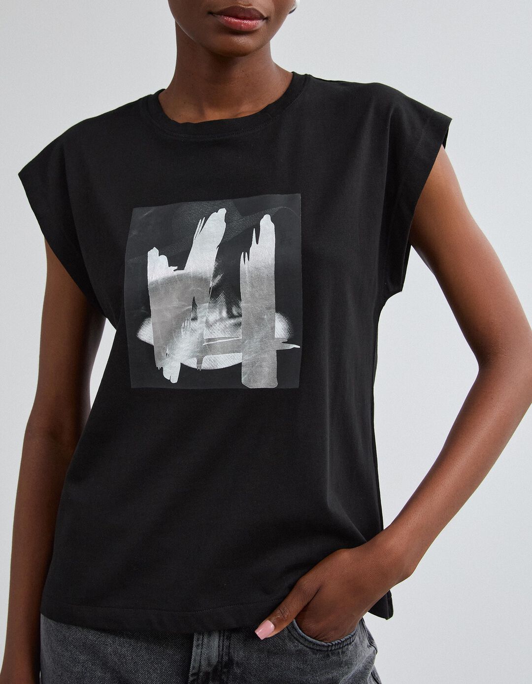 T-shirt Com Estampado Foil, Mulher, Preto