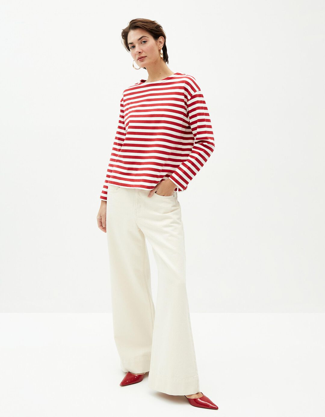 Camisola Riscas, Mulher, Vermelho Escuro