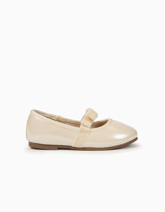 Varnished Ballerinas with Bow for Baby Girls, Pearl White