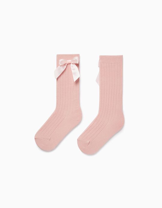 Knee-High Socks with Satin Bow for Baby Girls, Pink