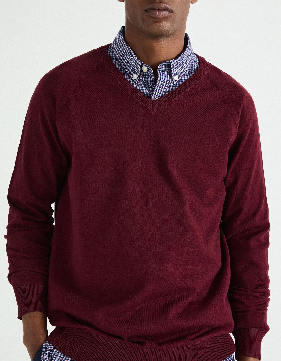 Camisola de Malha Decote em V, Homem, Vermelho Escuro