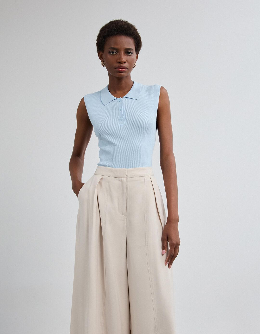 Top Tricotado Com Gola Polo, Mulher, Azul Claro