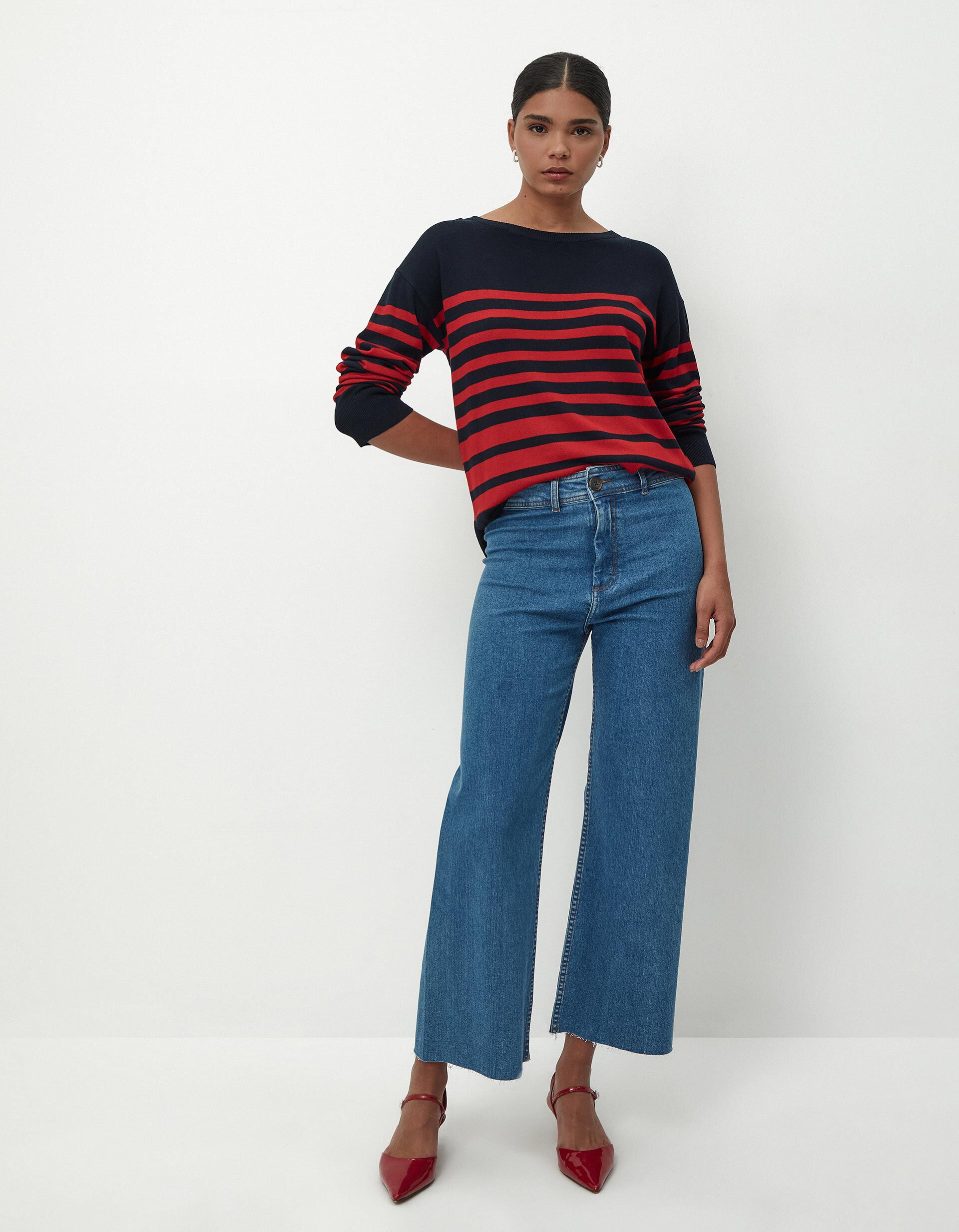 Comprar Online Camisola de Malha Riscas Decote Redondo, Mulher, Multicor