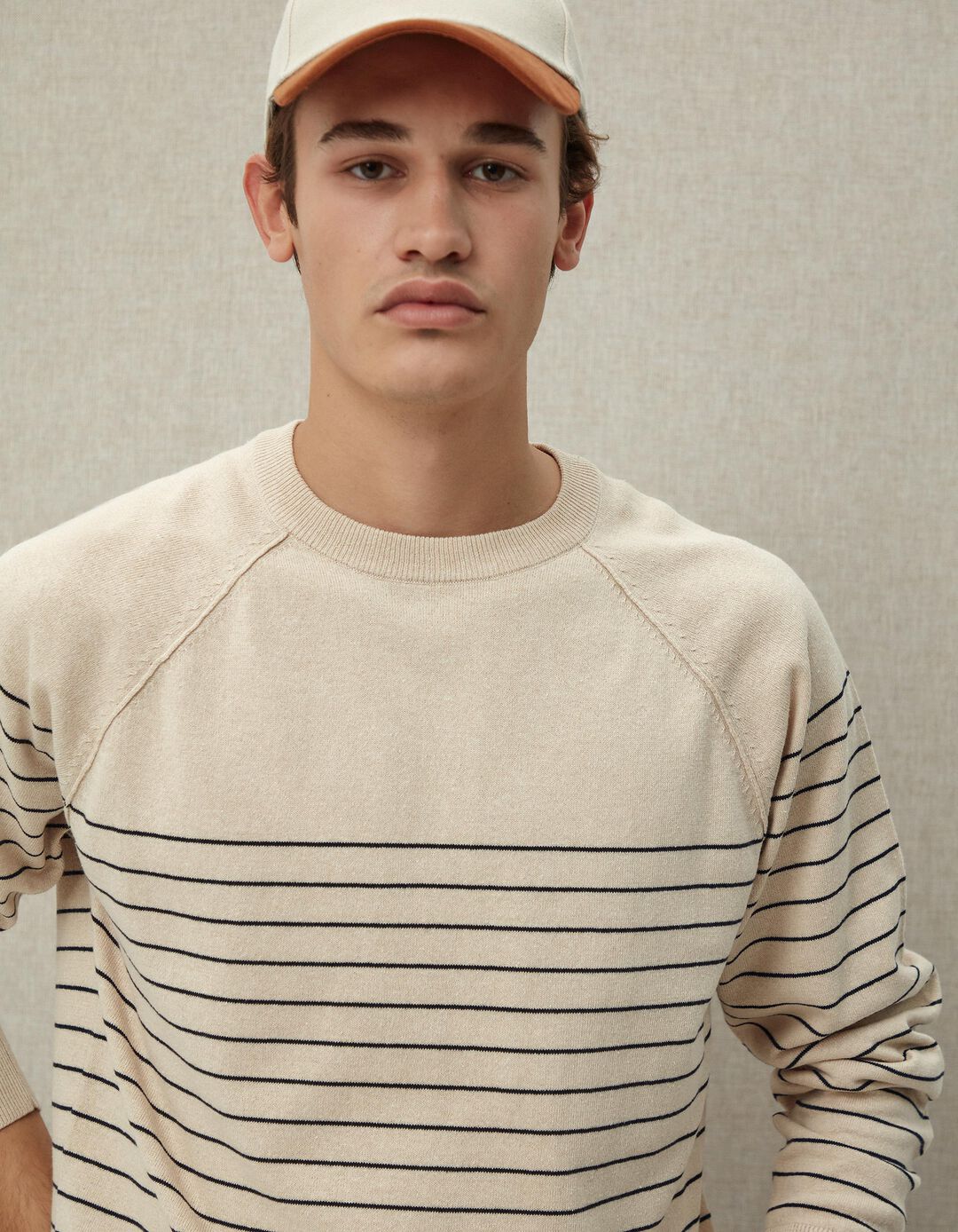 Camisola de Malha Riscas, Homem, Bege Claro 