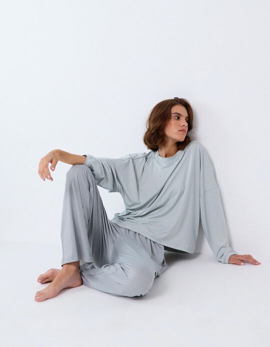 Comprar Online Pijama De Malha &Agrave;s Riscas, Mulher, Azul Claro