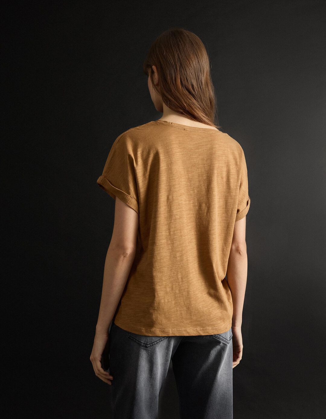 T-shirt Decote em V, Mulher, Castanho Claro 