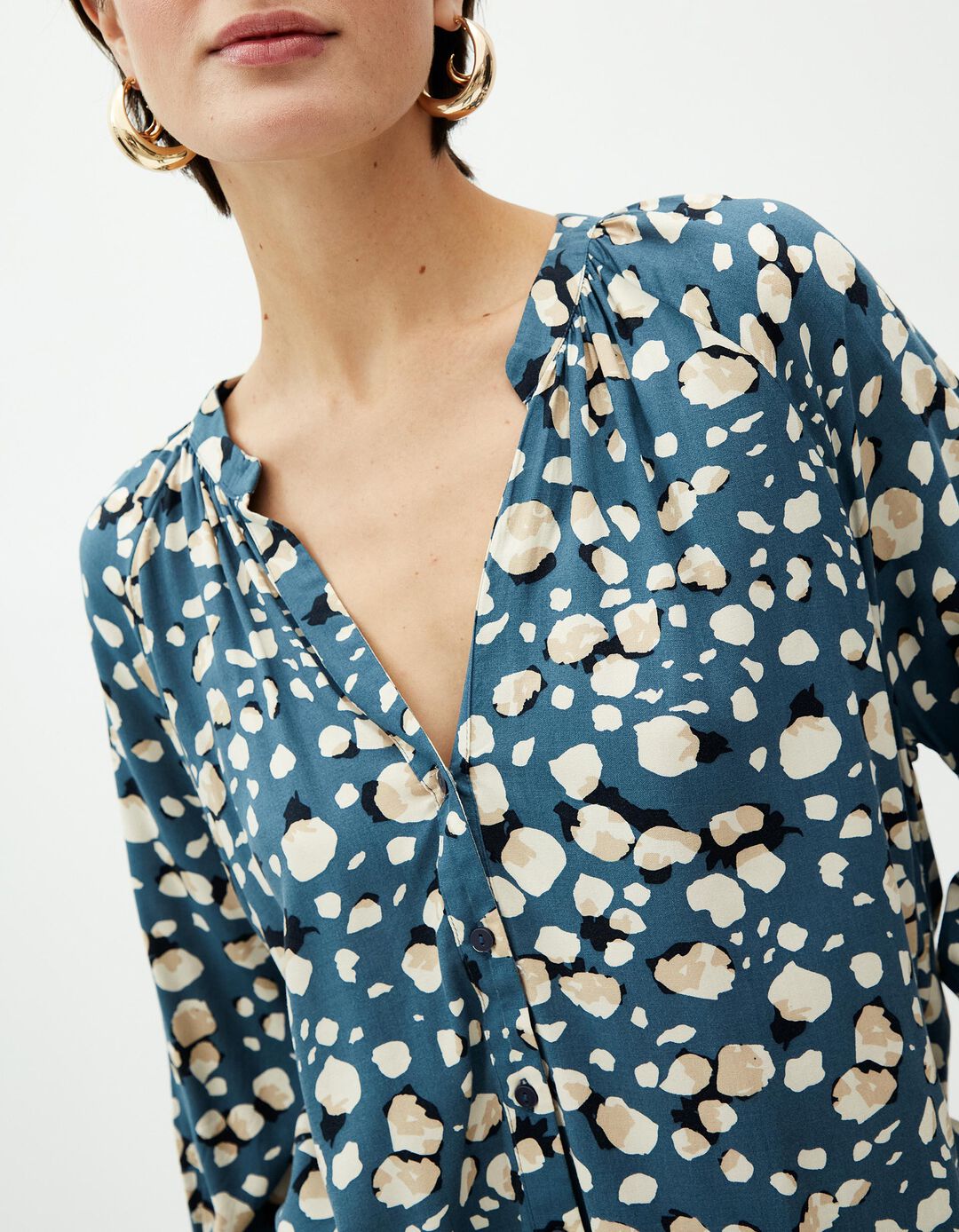 Blusa Estampada Decote em V, Mulher, Azul