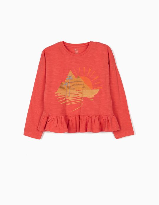 Long Sleeve Top with Ruffle for Girls, Coral